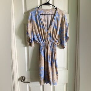 Chic Tan and Blue Floral Mini Dress